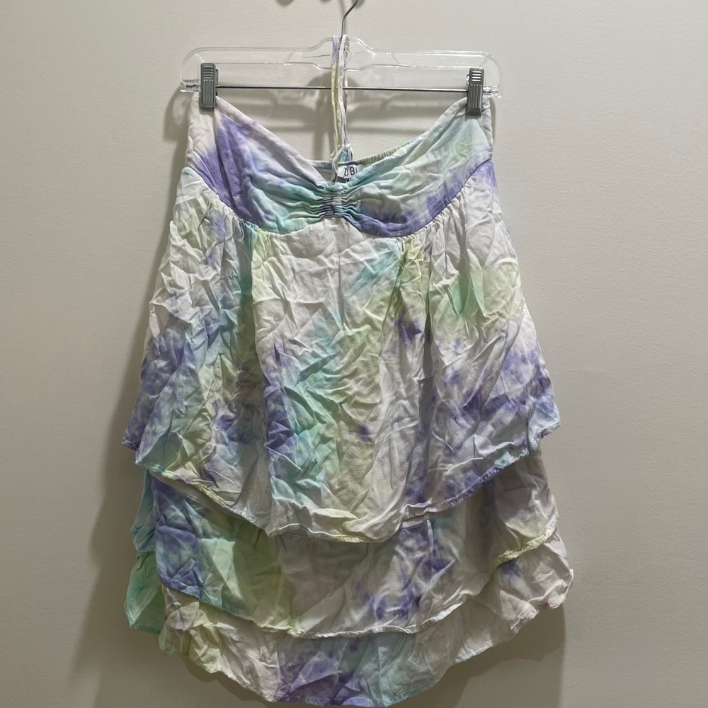 Tobi Womens Tie Dye Tiered Ruffle Halter Shirt Purple Green Blue Size‎ M